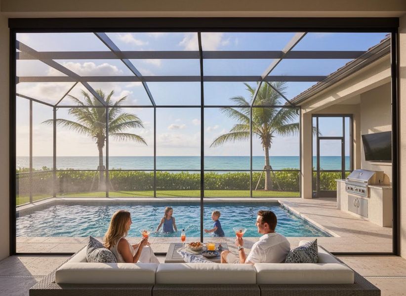 Parents relax on a sofa with cocktails while children play in a pool, all overlooking the beautiful ocean from a screened lanai with palm trees. Family enjoying pool and ocean view from screened patio