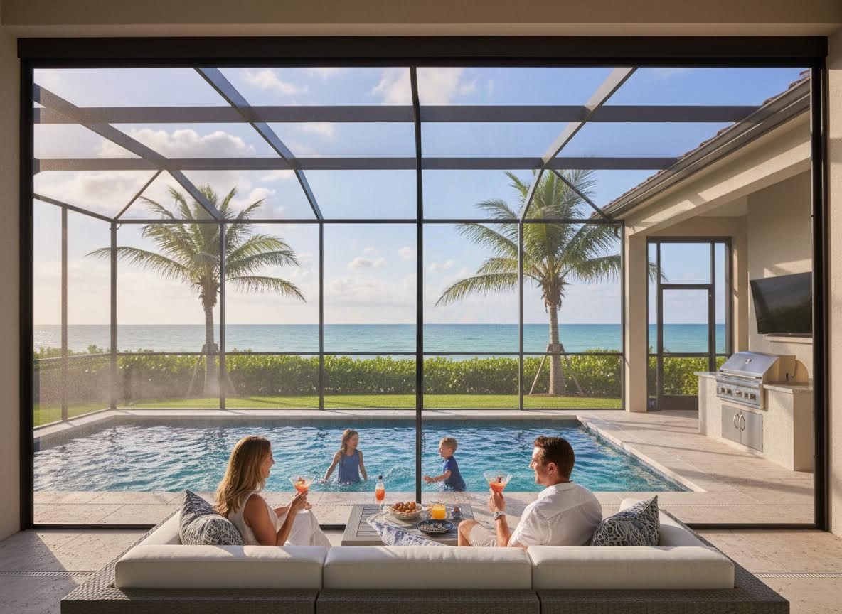 Family enjoying pool and ocean view from screened patio