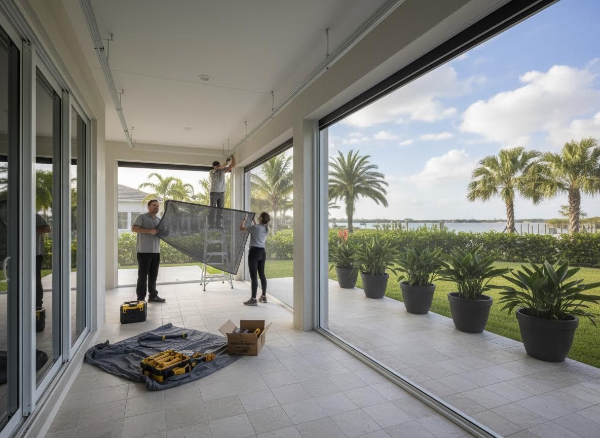 Team Installing Retractable Patio Screens with Tropical View