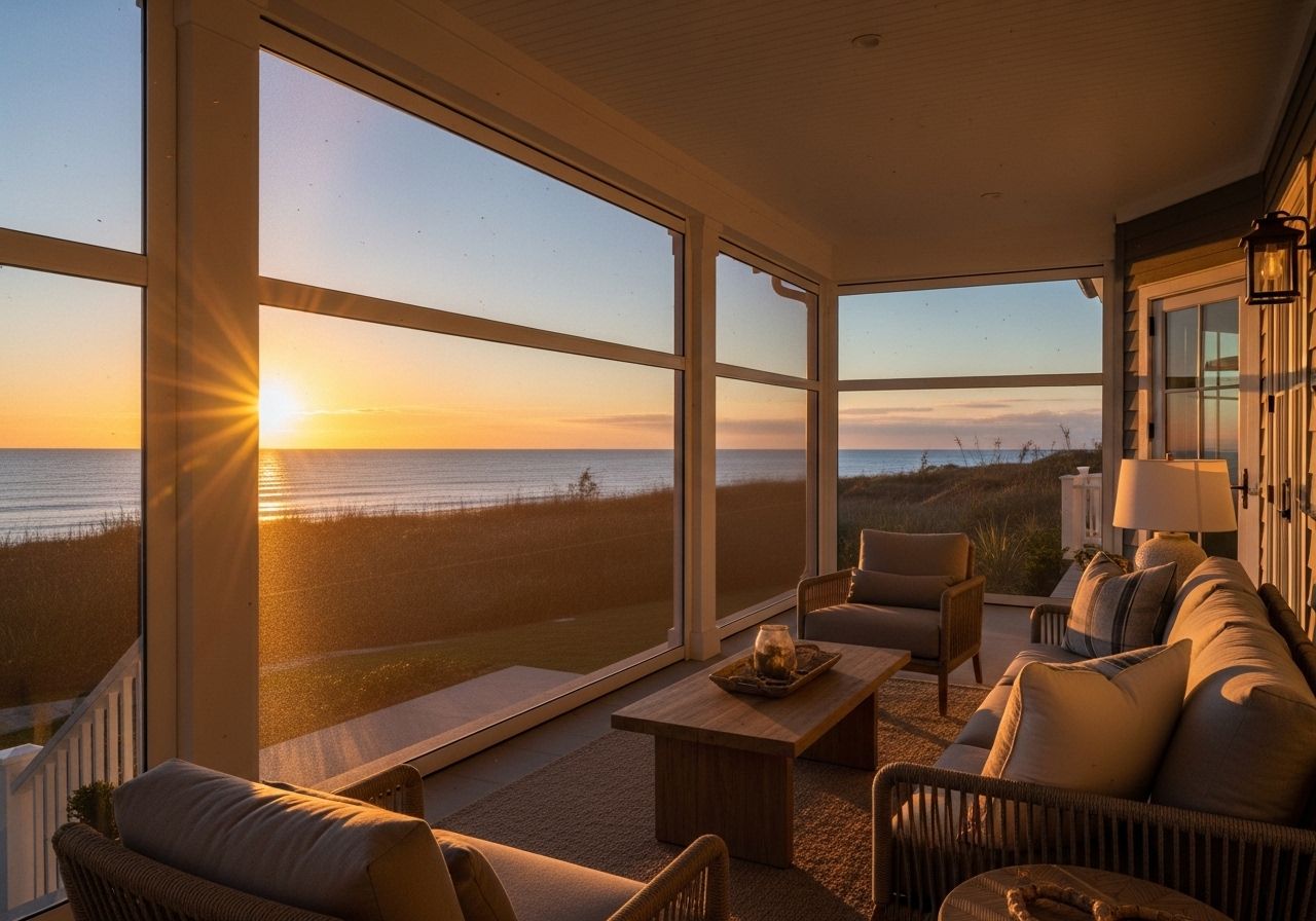 Cozy sunroom with ocean view at sunset
