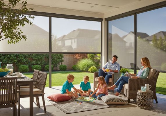 A family of five is enjoying a sunny day on their patio, protected by retractable screens that offer shade and privacy. The children are sitting on a rug playing a board game, while the parents relax in wicker chairs. The screens provide a clear view of the backyard, allowing the family to enjoy the outdoors while staying comfortable. Family playing board game on patio with retractable screens
