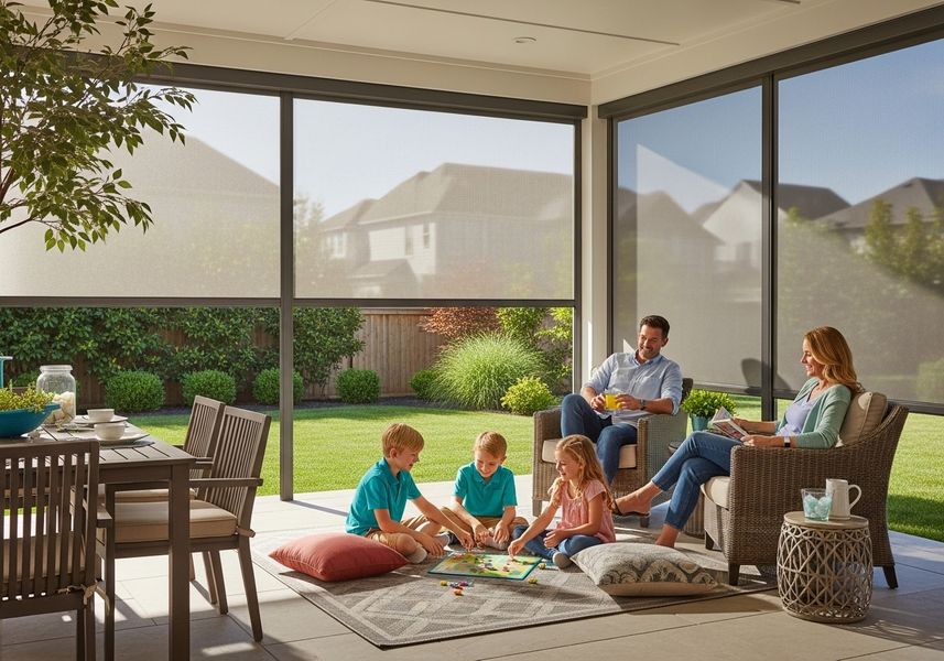 Family playing board game on patio with retractable screens
