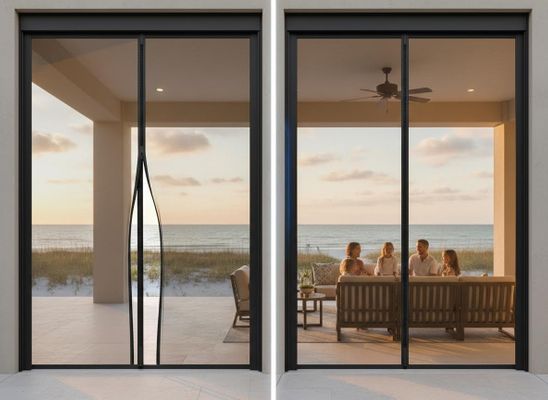 Two views of a patio with a retractable screen overlooking the ocean. Left shows the screen partly open; right shows it closed with a family relaxing. Retractable Patio Screen with Ocean View and Family