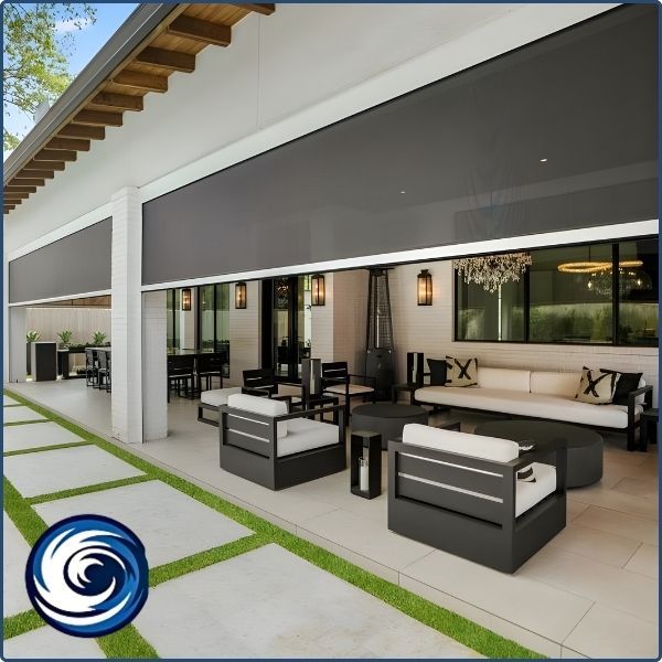A modern, luxury outdoor patio area featuring large motorized retractable solar screens partially lowered to provide shade and privacy for the seating and dining areas.