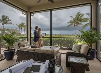 Couple on screened patio with blueprints, viewing stormy weather