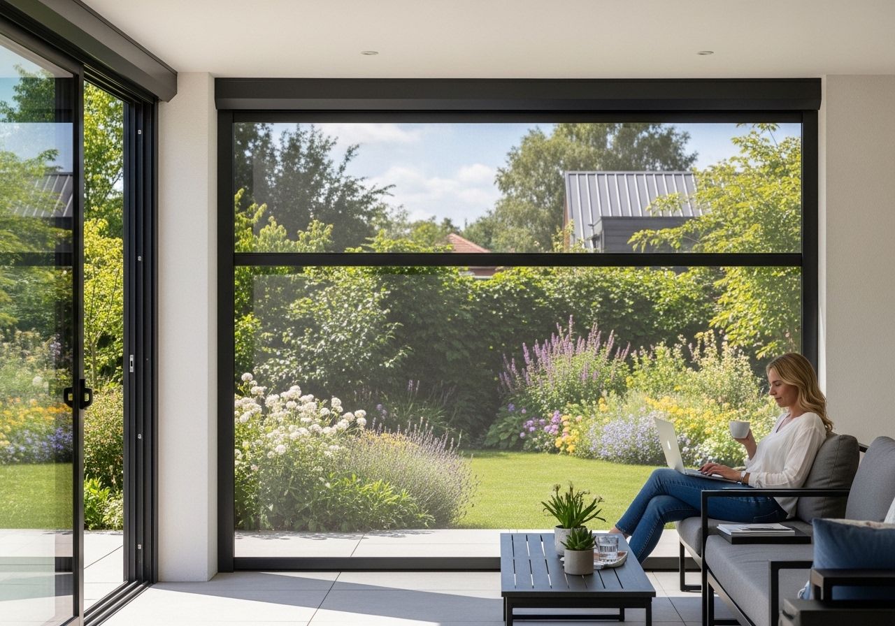 Woman working on her laptop overlooking a garden