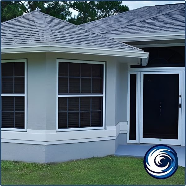 A grey residential home featuring black accordion hurricane shutters and a reinforced impact-resistant front door for comprehensive home security.