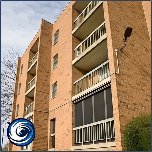 A multi-story brick apartment building featuring a ground-floor balcony fully enclosed with a dark motorized retractable privacy and insect screen.