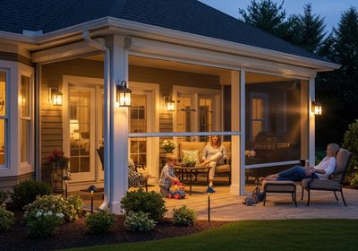 A screened-in porch provides a comfortable outdoor living space for a family at twilight. The porch is well-lit with outdoor lanterns and landscape lighting, and furnished with comfortable seating. A child plays on the porch while two women relax. The screens provide protection from insects and the elements. Screened-in Porch at Twilight