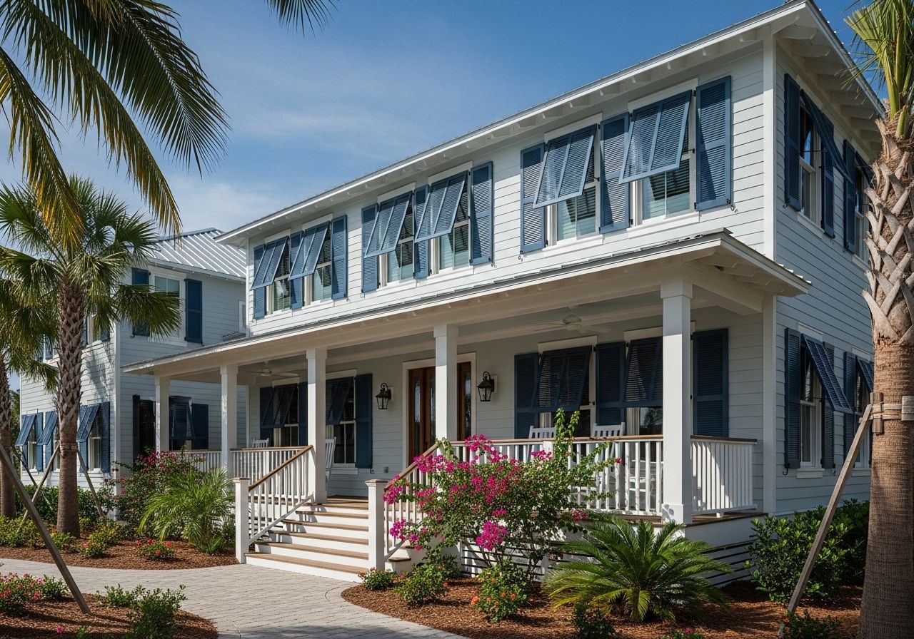 Coastal home with blue shutters and breezy porch