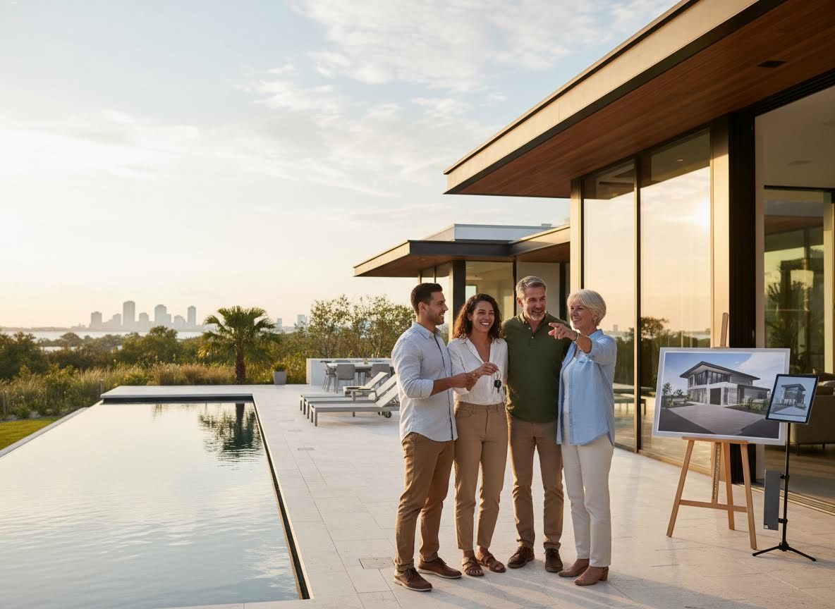 New Homeowners with Real Estate Agent at Modern House
