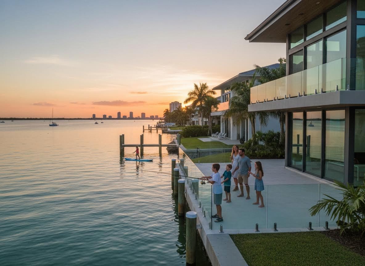 Family fishing at sunset from waterfront home