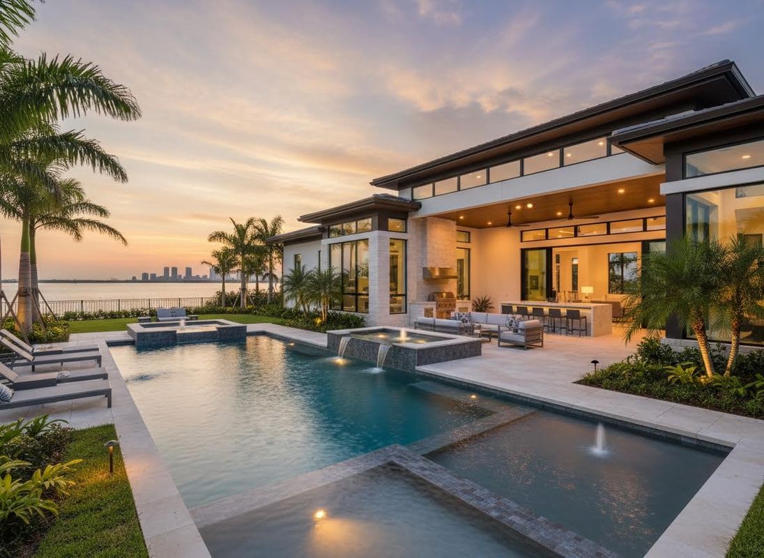 Modern Luxury Waterfront Home with Pool at Sunset