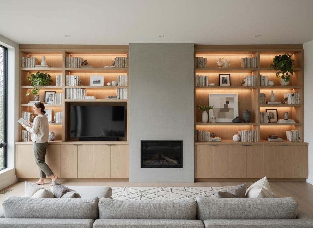 A woman reads in a modern living room with illuminated oak built-in shelves, a central fireplace, TV, and a gray sectional sofa. Modern Living Room with Built-in Oak Shelving and Fireplace