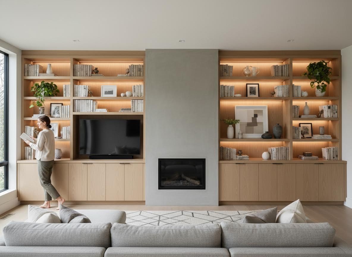 Modern Living Room with Built-in Oak Shelving and Fireplace