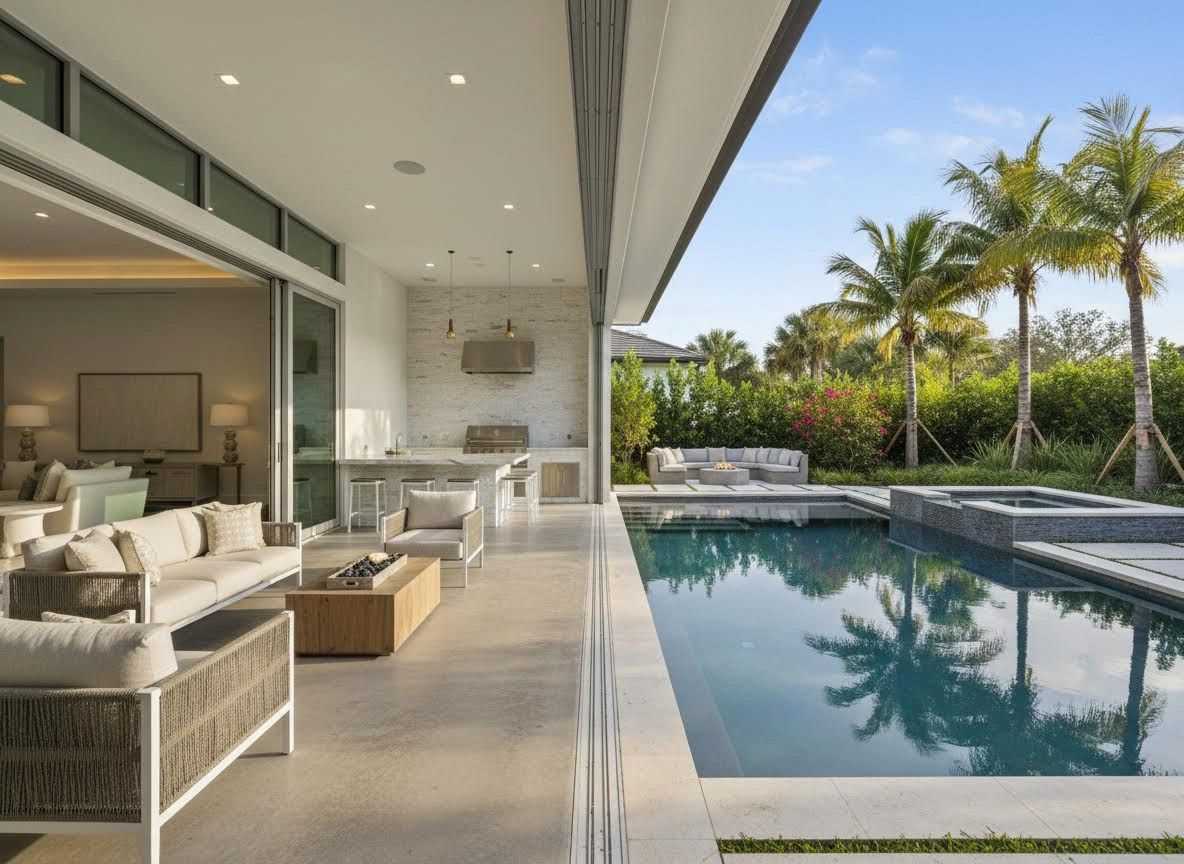 Luxury Outdoor Patio with Pool and Kitchen