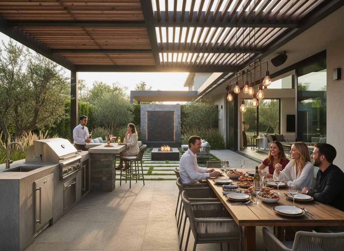 Modern Outdoor Living Space with Kitchen and Dining