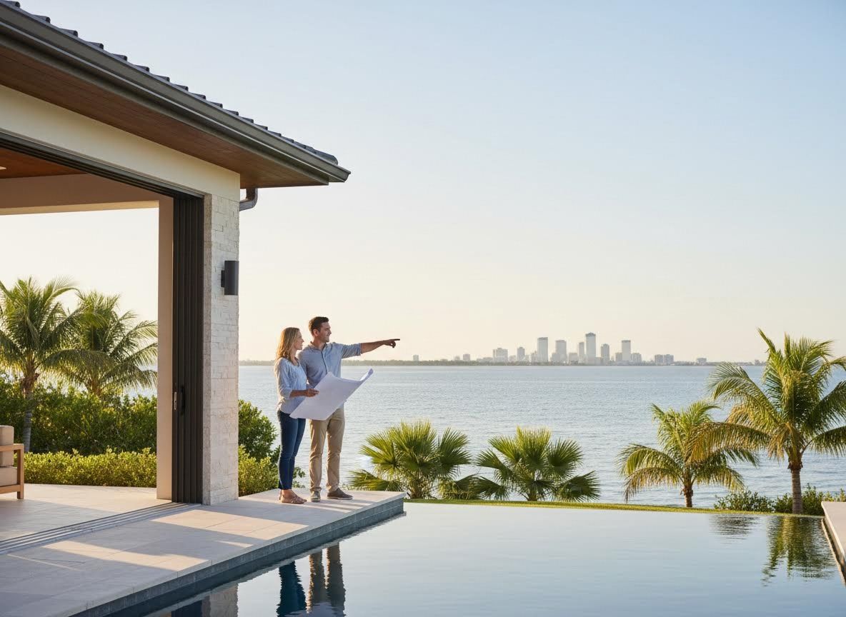 Couple Reviewing Blueprints on Waterfront Patio