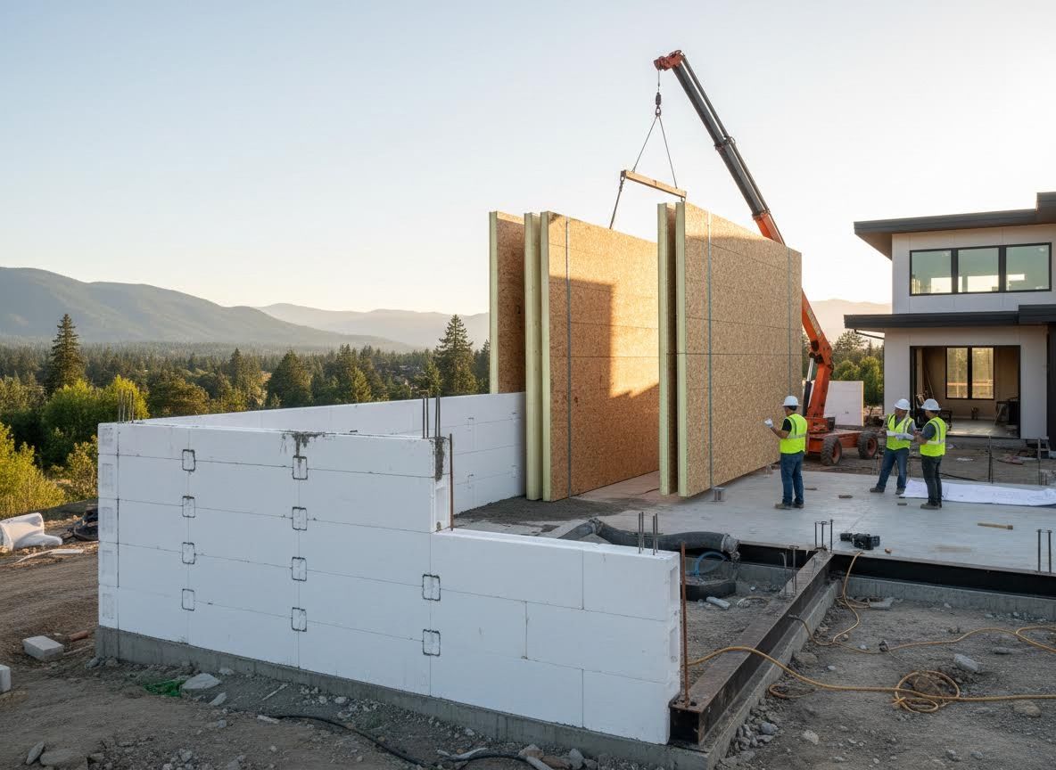 New Home Construction with Crane and Prefabricated Wall Panels