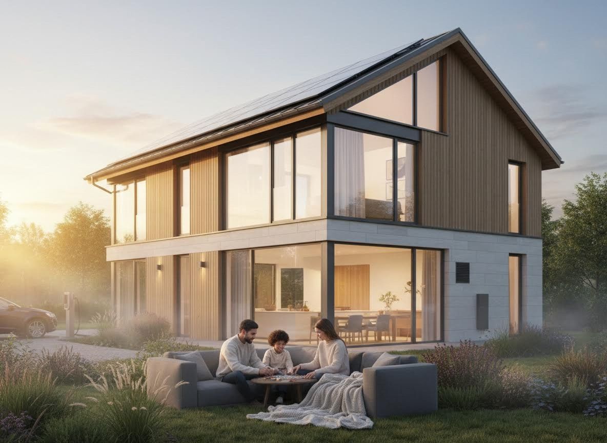 Family enjoying a modern solar-powered home with EV charging