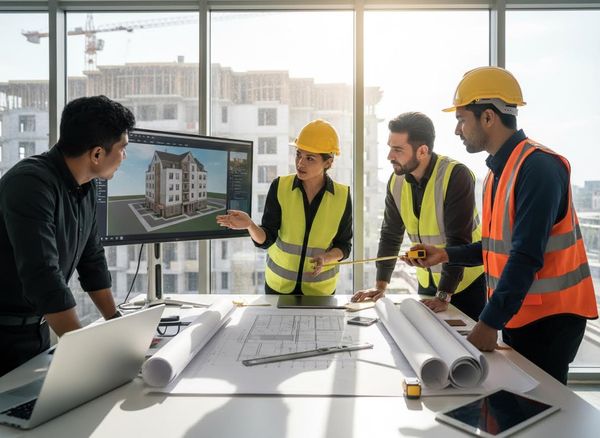 A diverse team of four architects/engineers in hard hats reviews a 3D building rendering on a monitor and blueprints on a table. Construction Team Reviewing Building Plans and 3D Model