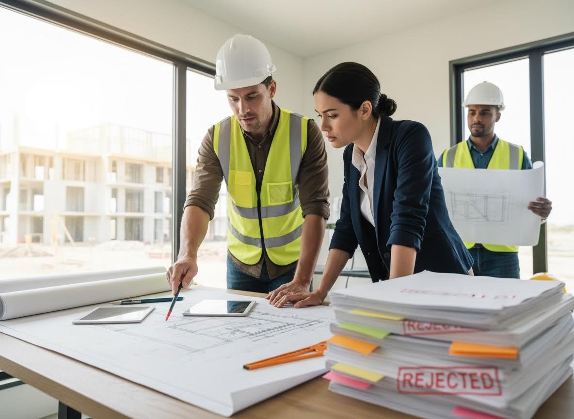Construction team reviewing building plans