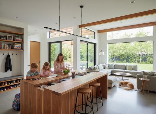 A bright open-plan kitchen and living room with a mom and two kids at a wooden island, and a dog sleeping on a rug by large windows. Modern Open-Concept Family Home Interior