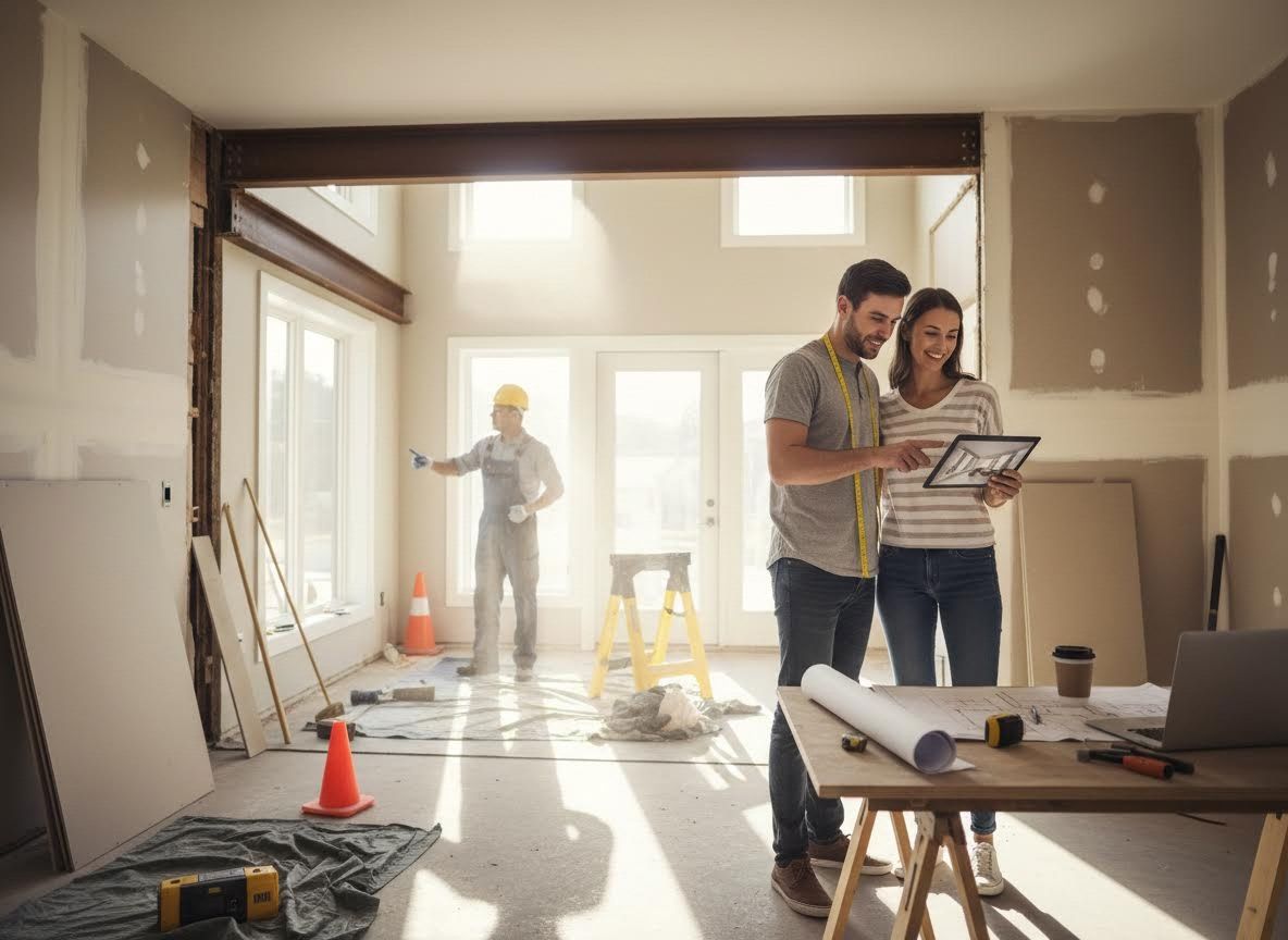 Couple reviewing renovation plans with a worker nearby
