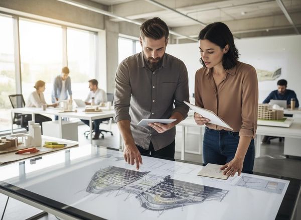 A male and female architect review a 3D architectural rendering on a large interactive digital table in a modern office. Architects collaborating on digital design table