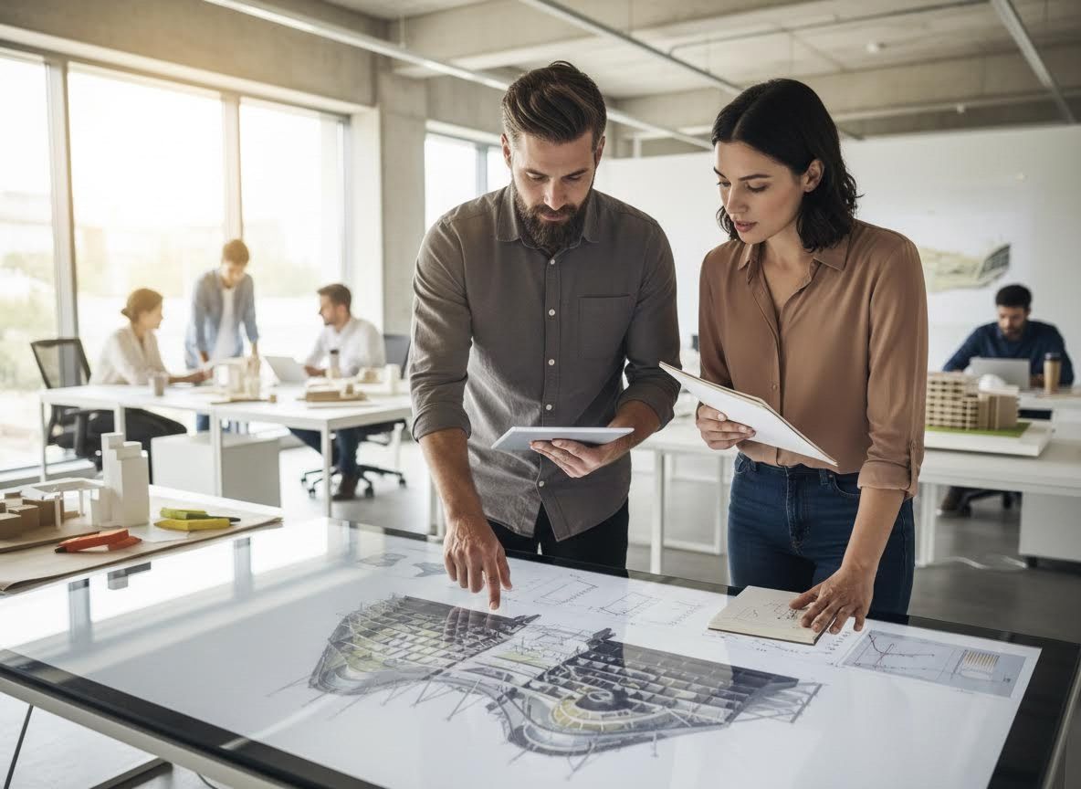 Architects collaborating on digital design table