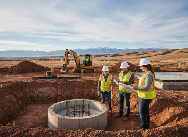 Three construction workers in hard hats and safety vests examine blueprints at a circular concrete foundation with an excavator and mountains. Construction Team Reviewing Site Plans