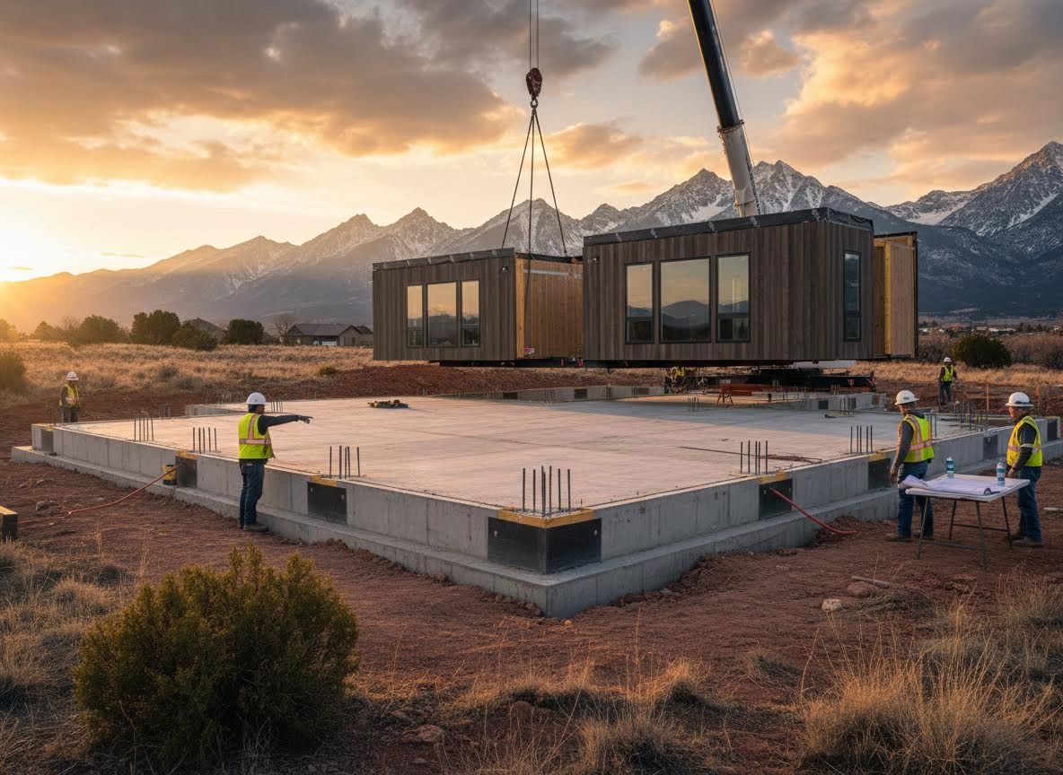 Modular Home Installation at Sunset with Mountain View