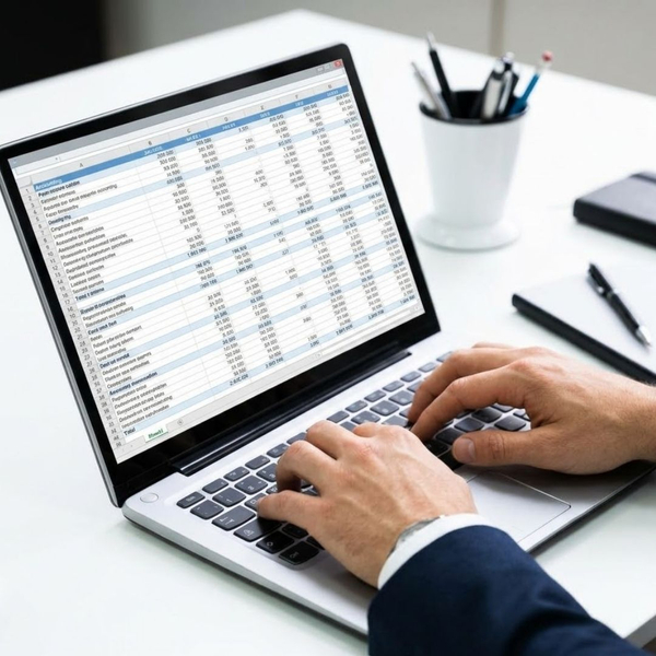 Close-up of hands typing on a laptop with financial data on screen.