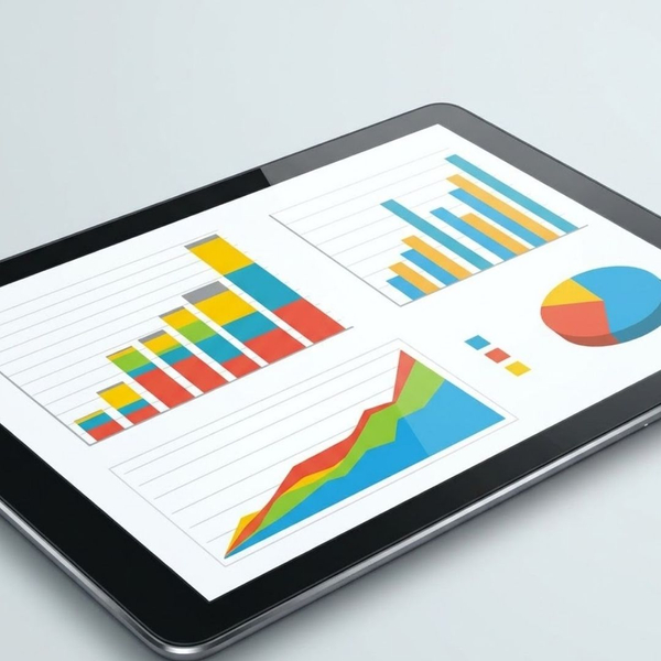 Colorful business data charts and graphs displayed on a sleek tablet screen.