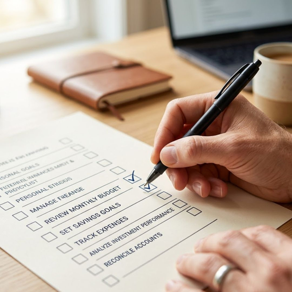 Close-up of a hand checking off items on a paper financial list.