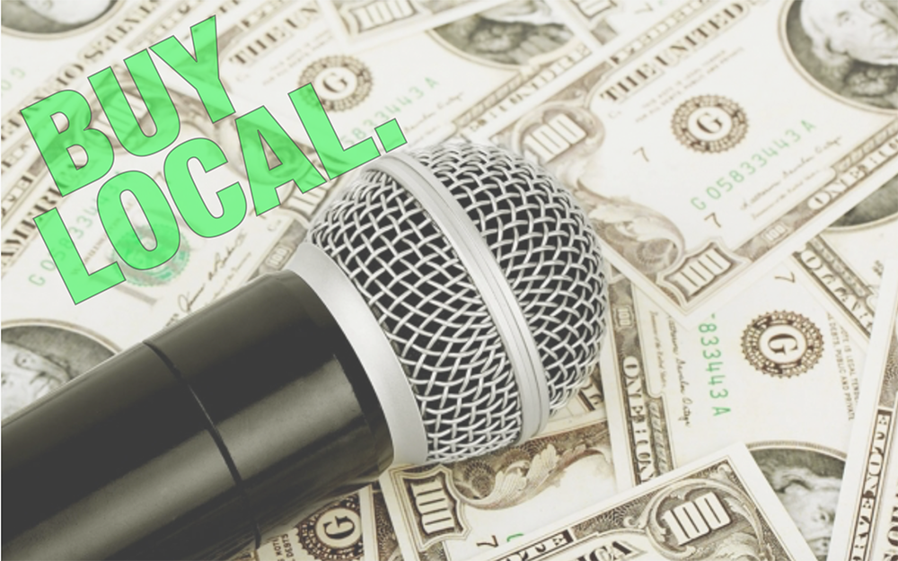 microphone on money. buy local.