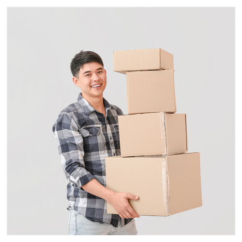 man carrying a stack of boxes. 