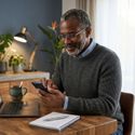 A professional middle-aged man at home using his smartphone for a secure telehealth consultation.