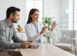 A female doctor in a white coat points to charts and graphs on a futuristic transparent display to a male patient with a tablet. Doctor explaining medical data on a transparent screen to a patient