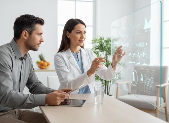 Doctor explaining medical data on a transparent screen to a patient