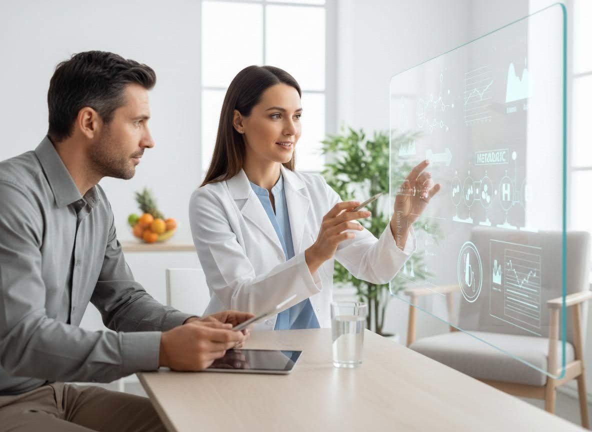 Doctor explaining medical data on a transparent screen to a patient