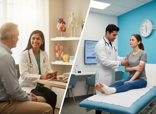 Split image showing a female doctor consulting a male patient and a male doctor examining a female patient with a bandaged foot. Doctors and Patients in Healthcare Settings