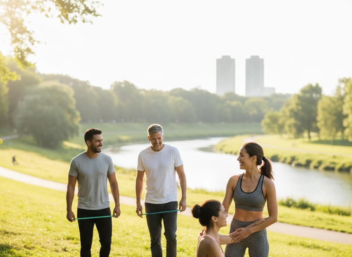 Friends Exercising with Resistance Bands in a Sunny Park