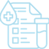 Modern blue line icon of a medical clipboard and a drop representing comprehensive blood work and diagnostics.