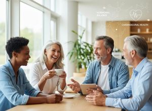 Four adults discussing health and wellness over coffee