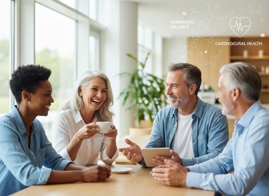 Diverse group of friends or colleagues talking and laughing, with graphic overlays about hormonal balance and cardiovascular health. Four adults discussing health and wellness over coffee