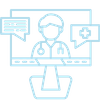 Blue line icon of a doctor on a computer screen, representing 100% virtual telehealth support.