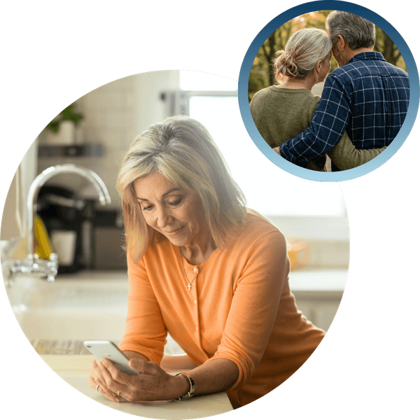 A middle-aged woman in a bright kitchen using a tablet to connect with her healthcare provider.