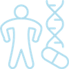 Blue line icon of a human figure and a DNA helix, representing personalized hormone and genetic care.