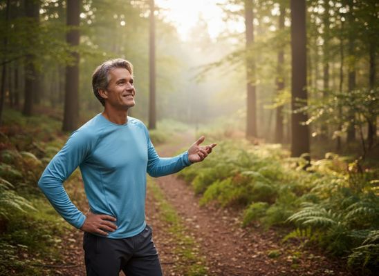 Man smiling in sunlit forest